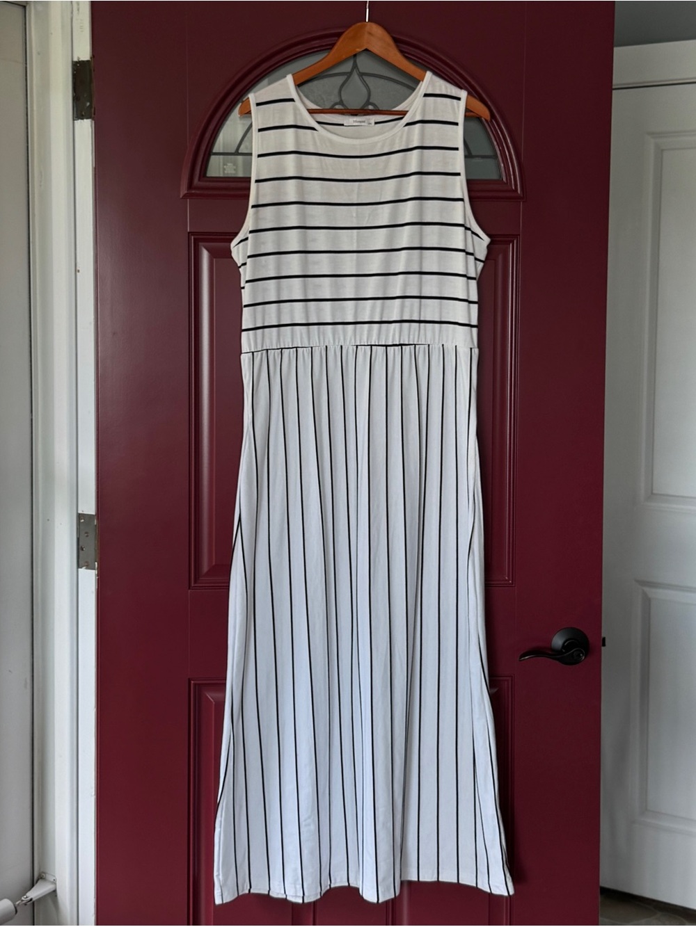 Sleeveless White Maxi Dress with Black Stripes